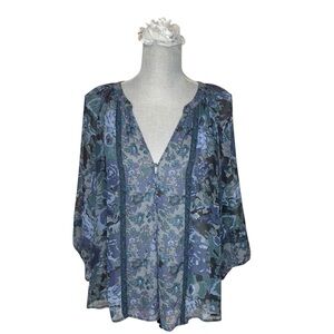 JOIE Anthropology Top Blue Green 3/4 Long Sleeve Silk Florals size M